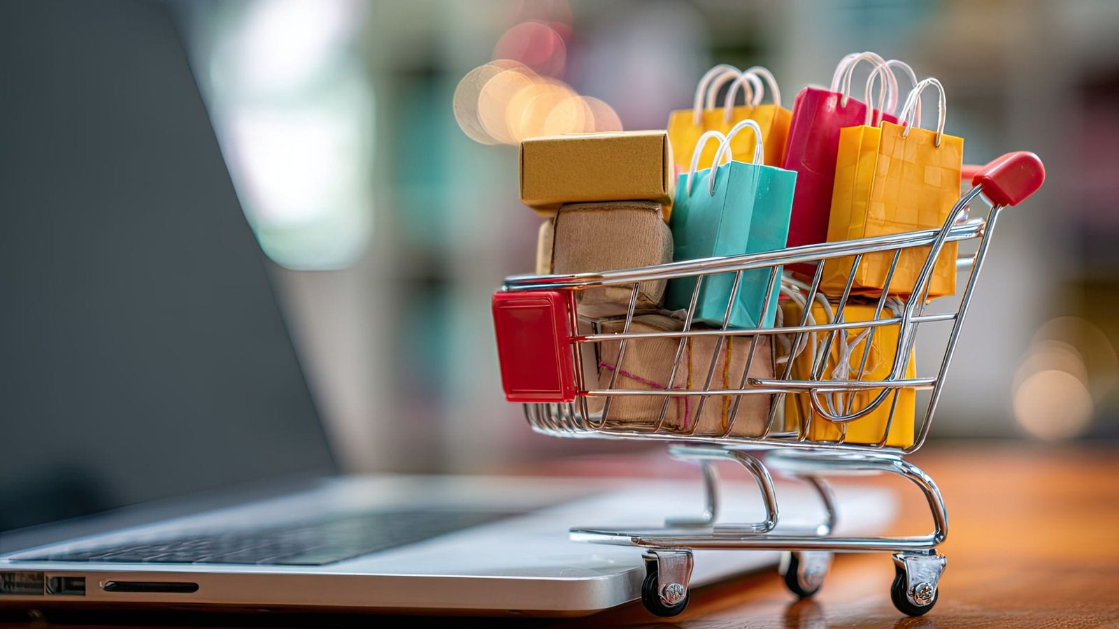 Mini koszyk sklepowy z produktami w środku przy komputerze