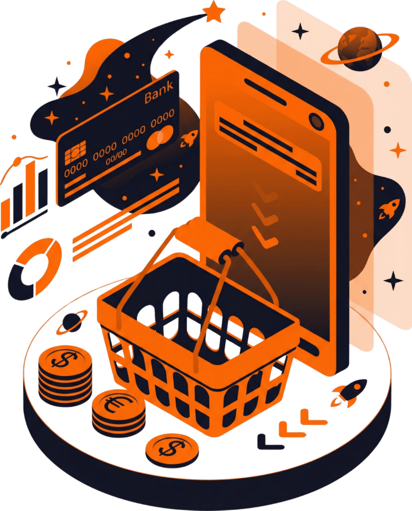 grafika abstrakcyjna pokazująca koszyk i zakupy online
