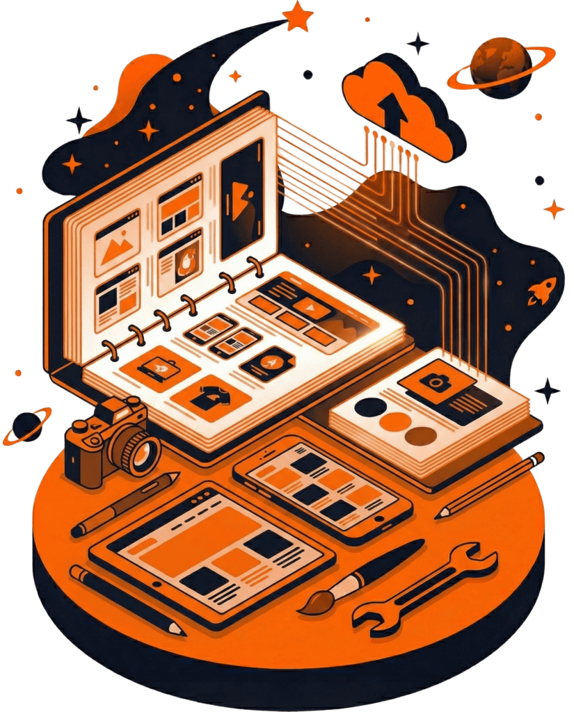 grafika abstrakcyjna pokazująca urządzenia na biurku oraz portfolio