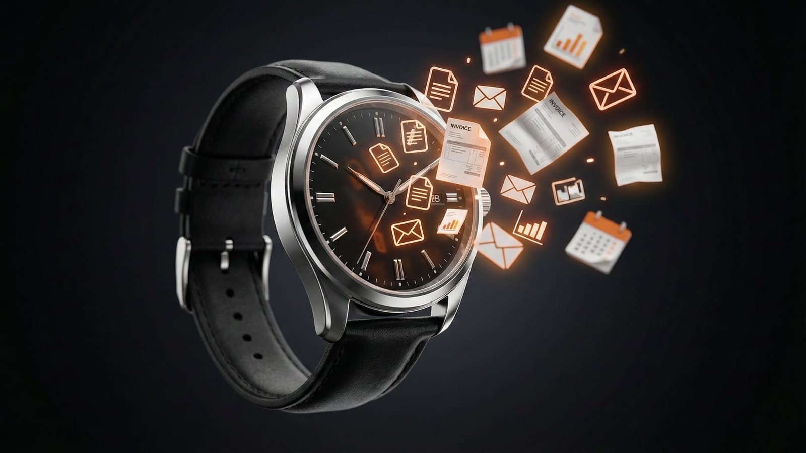 Elegancki zegarek na rękę z czarnym skórzanym paskiem unoszący się na ciemnym tle, z tarczy zegarka wylatują świecące na pomarańczowo ikony dokumentów, kopert mailowych, faktur i kalendarzy symbolizujące automatyzację zadań w firmie
