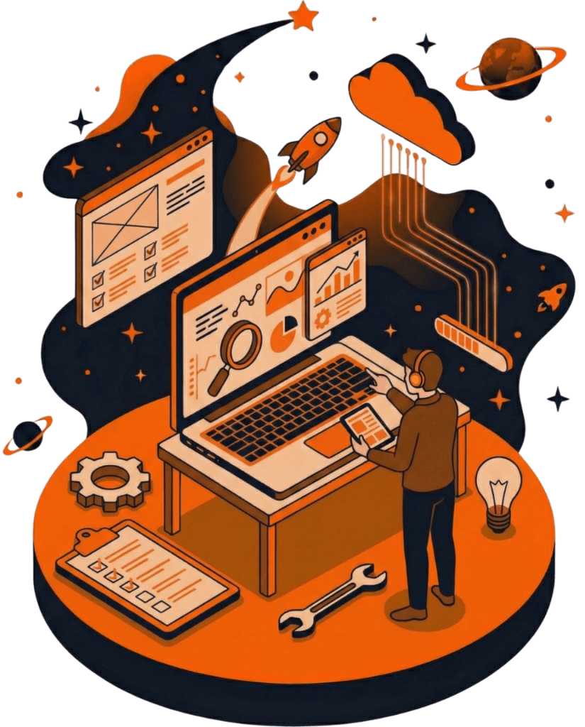 Abstrakcyjna grafika w kolorach marki, mężczyzna przeprowadzający audyt techniczny strony internetowej